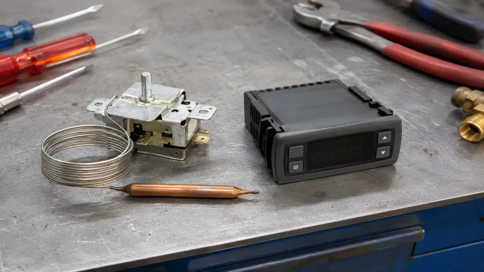 Mechanical and electronic refrigeration controllers Refrigeration control components on a workbench with tools.