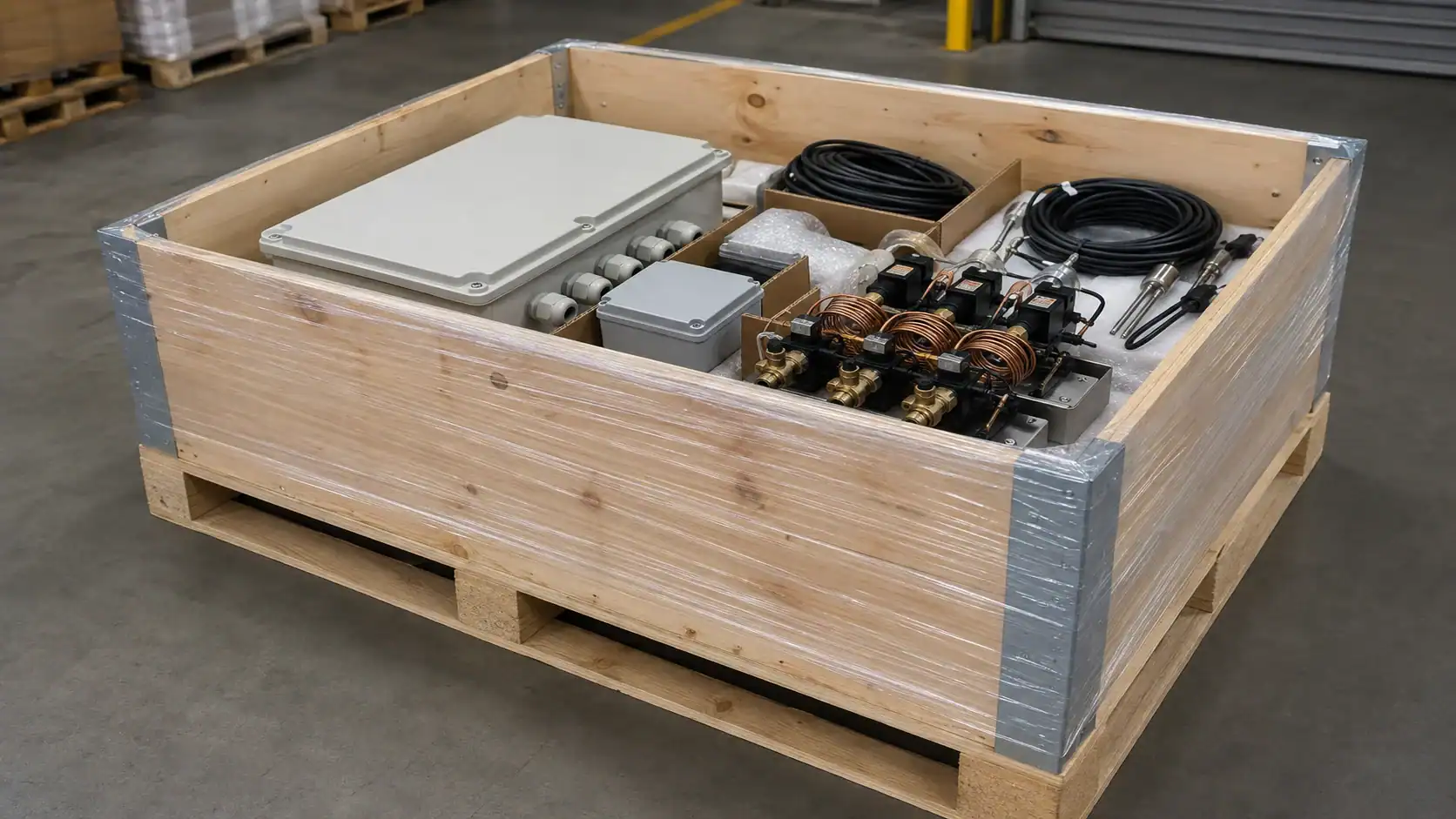 Packaged OEM refrigeration controller for export Industrial refrigeration unit with pipes and electrical components for Domi Refrigeration.