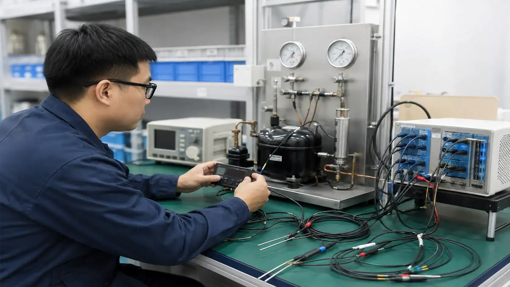 Refrigeration controller quality inspection Technician testing refrigeration system with gauges and electronic equipment.