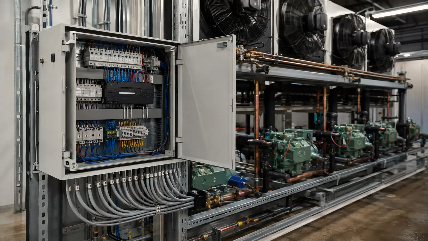 Commercial refrigeration rack controller integration Large industrial refrigeration system with compressors and control panel.
