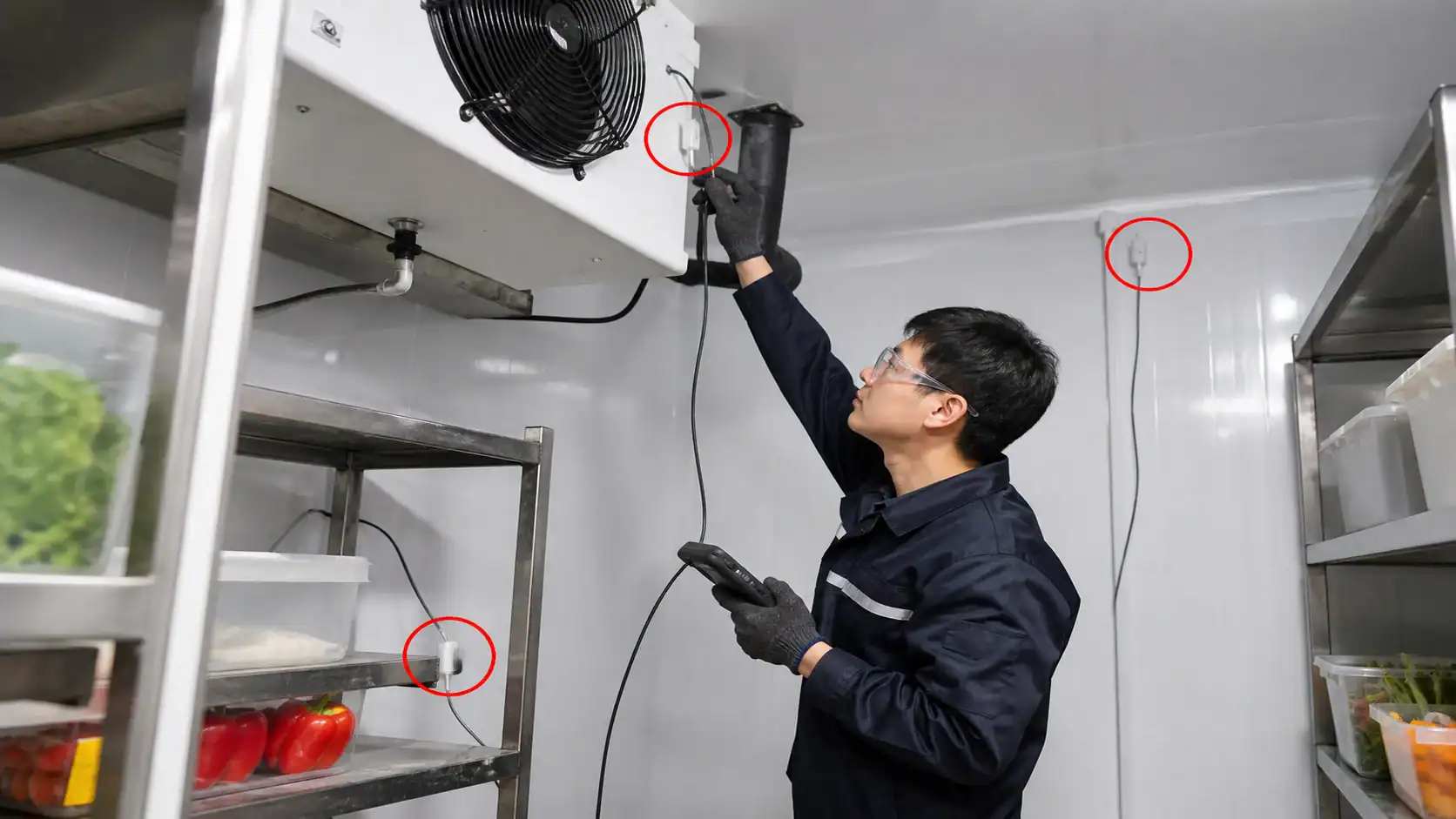 Refrigeration controller sensor placement Technician checking refrigeration unit with a handheld device in commercial kitchen.