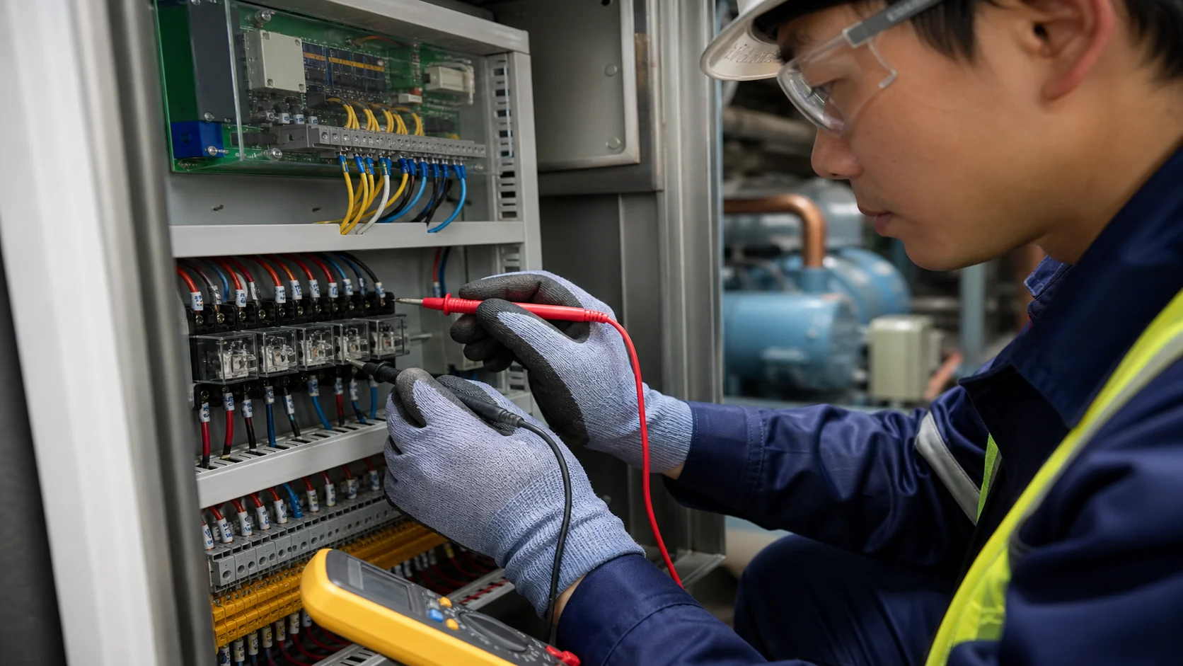 Refrigeration controller wiring inspection Asian electrical technician inspecting controller terminal blocks, relays and sensor wiring with a multimeter