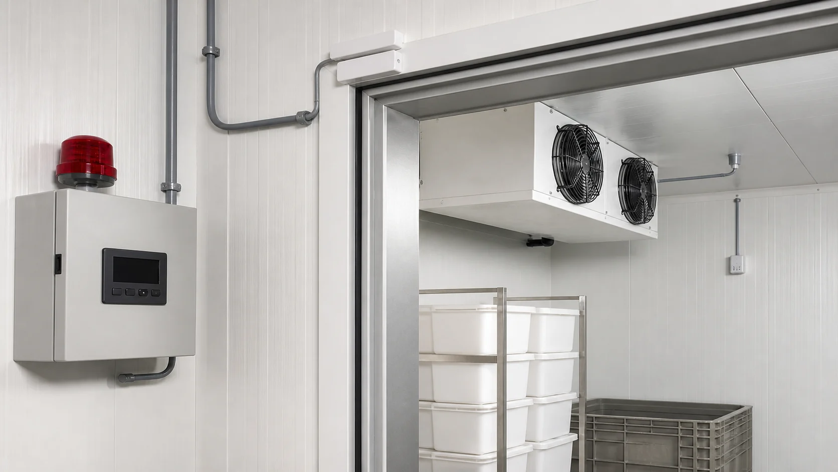 Walk-in freezer controller and sensors Walk-in freezer controller installation with door switch, room sensor, alarm beacon and ceiling evaporator
