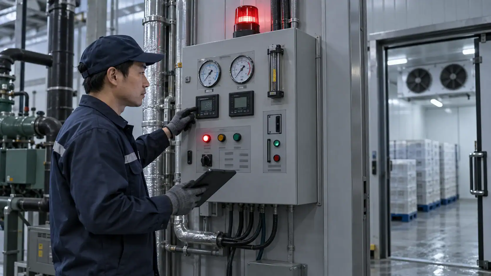 Alarm and fault-response logic for high pressure, sensor failure, door opening, and loss of flow
