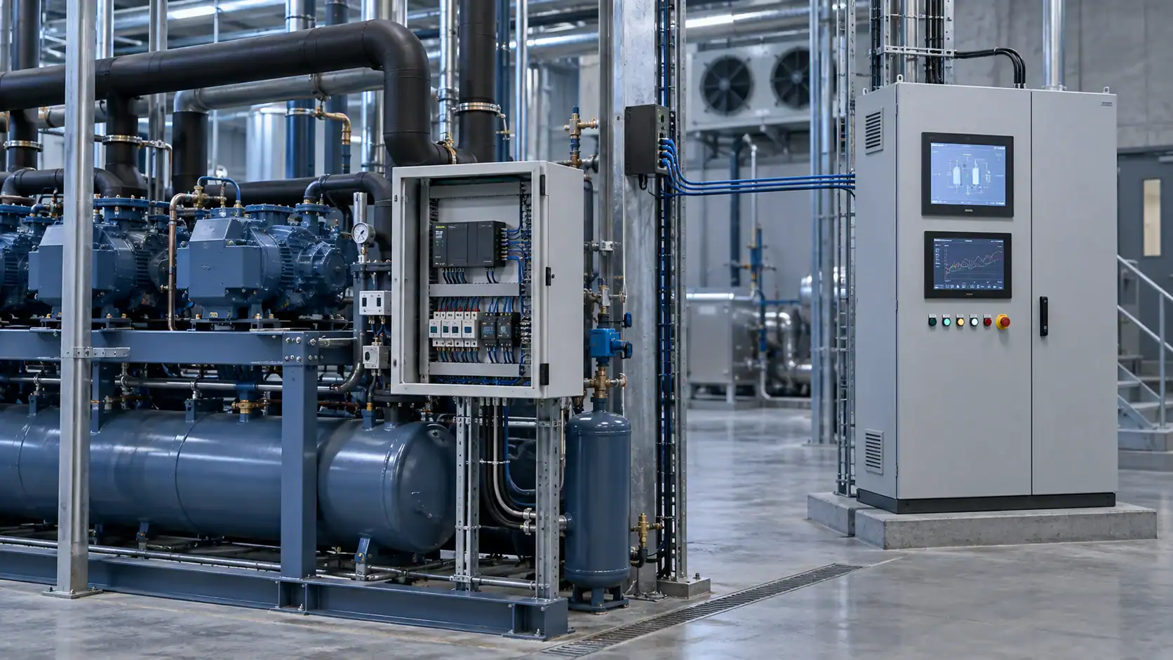 Industrial refrigeration system with control panel and piping in a facility.