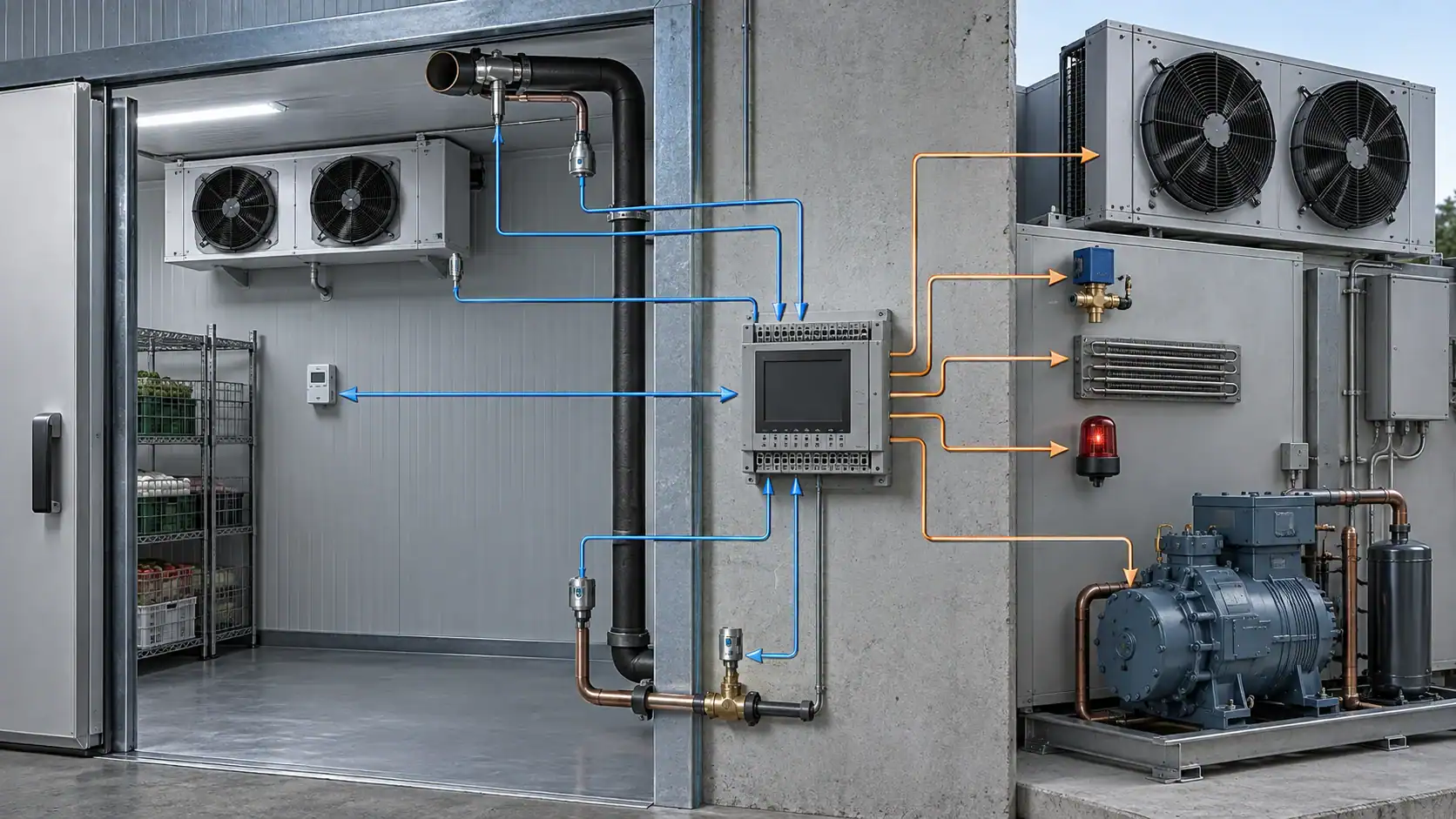 Industrial refrigeration system with cooling units and control panel at Domi Refrigeration.