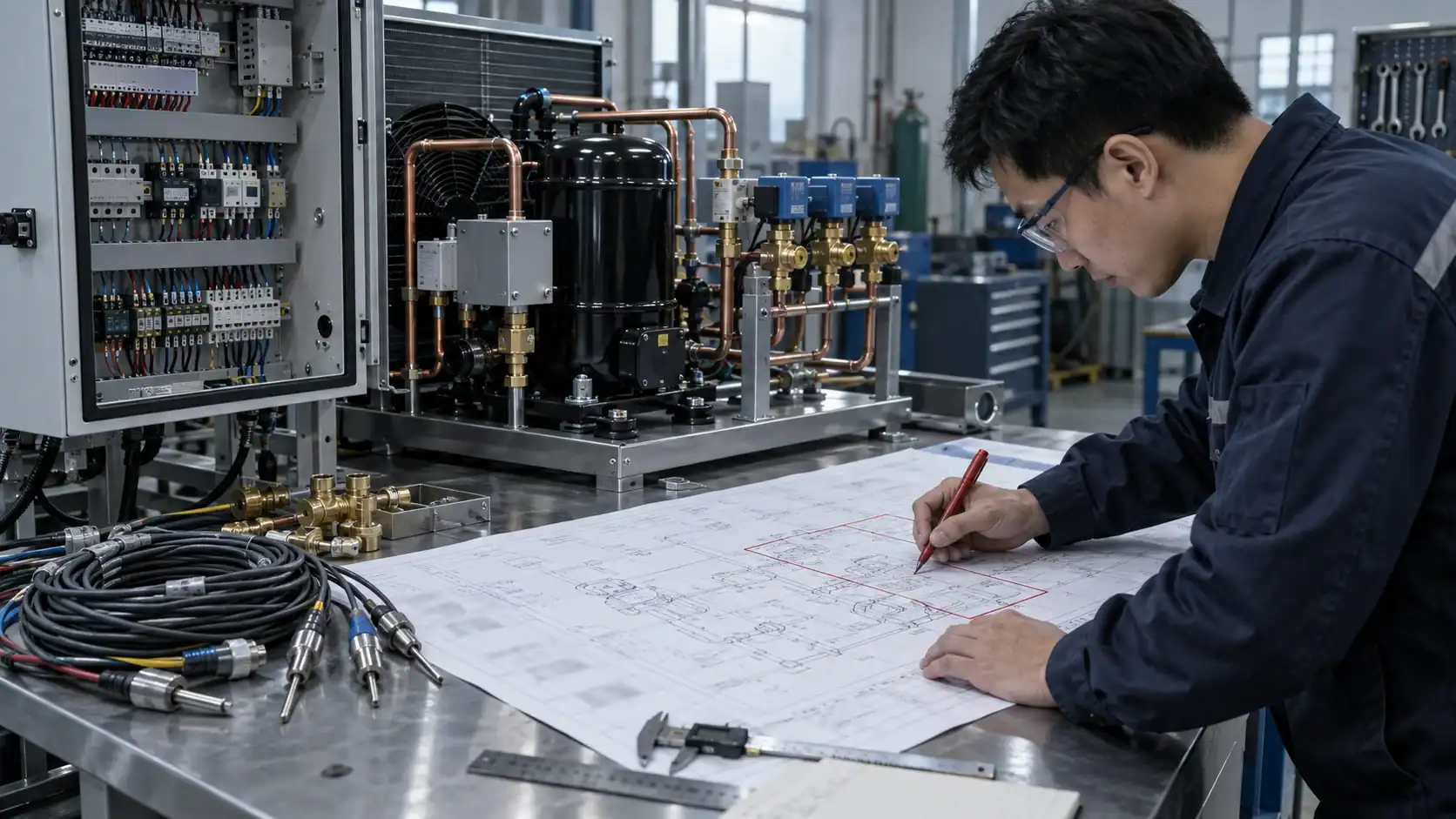 Technician working on refrigeration system blueprint in industrial setting.