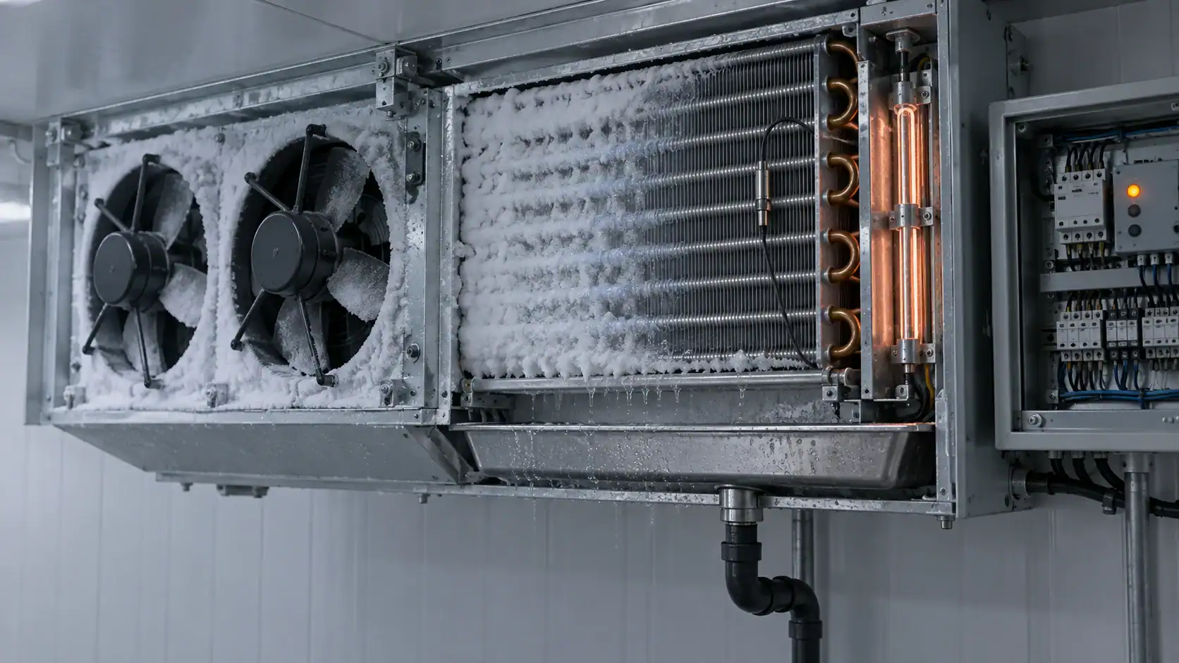 Evaporator defrost sequence with heater, fan delay, temperature termination, and restart controls