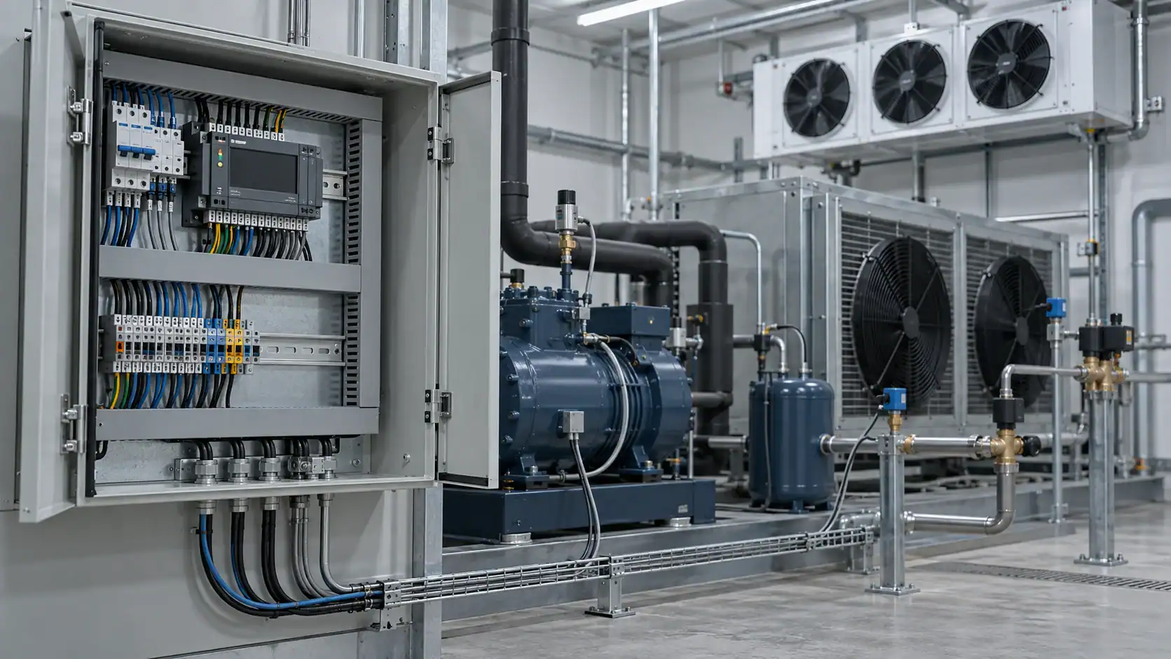 Industrial refrigeration system with compressors and control panel at Domi Refrigeration.