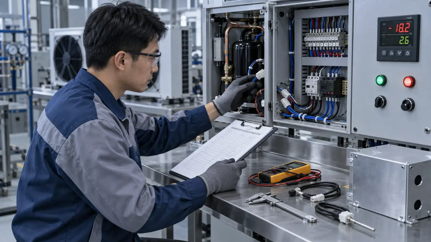 Technician inspecting industrial refrigeration control panel at Domi Refrigeration.