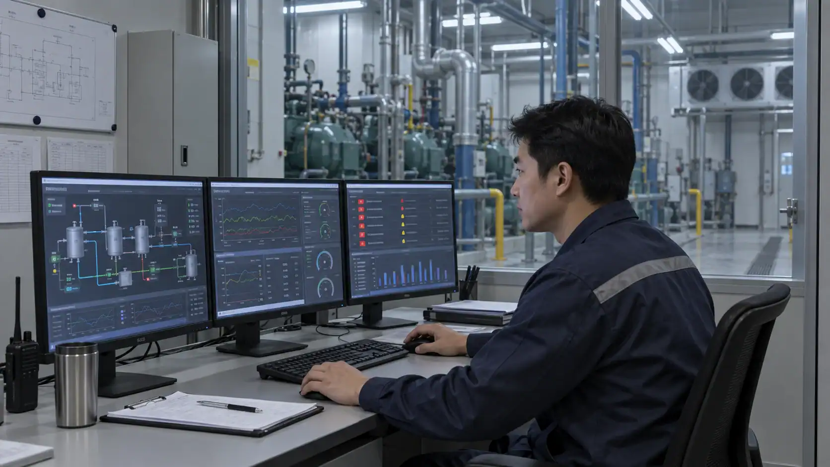 Remote refrigeration monitoring workstation receiving temperature, pressure, alarm, and energy data from multiple systems