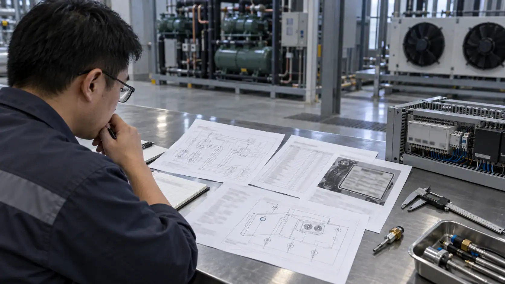 Engineer reviewing technical refrigeration system blueprints at Domi Refrigeration facility.