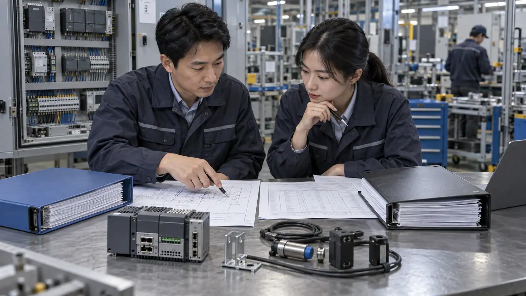 Engineer comparing refrigeration control drawings, parameter lists, and supplier quotations before approval