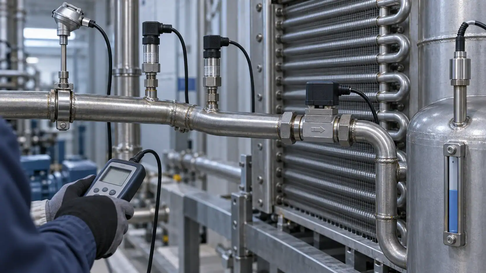 Industrial refrigeration system with pipes and digital control device.