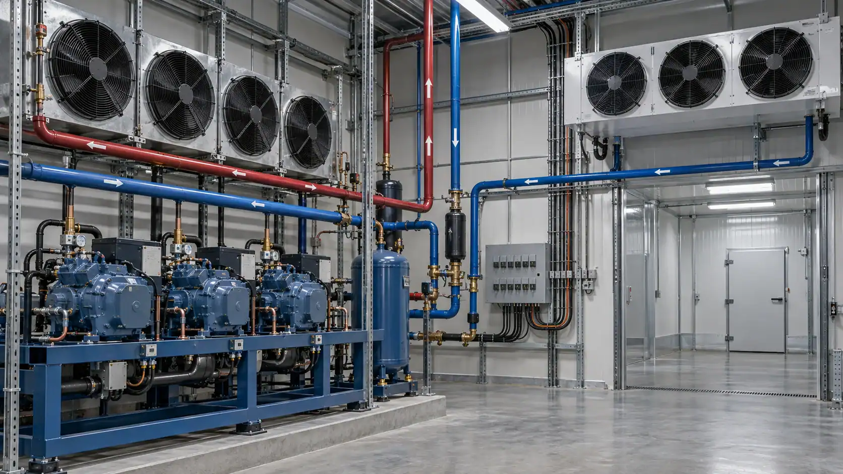 Industrial refrigeration system with compressors and cooling fans in a commercial facility.
