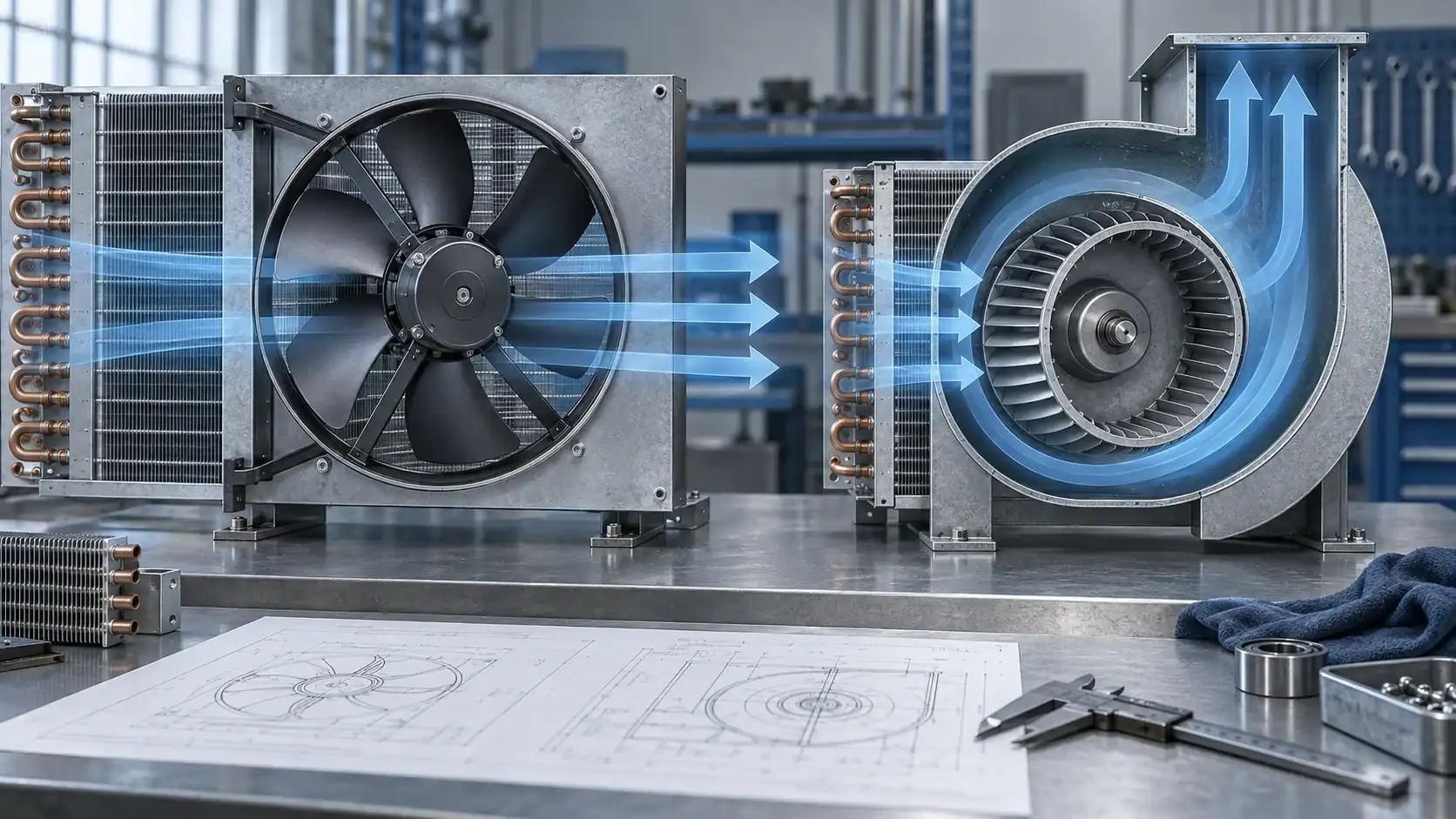 제조 작업장의 HVAC 팬 및 열교환기 부품.