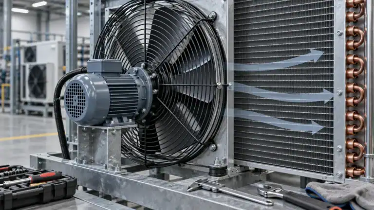 Industrial refrigeration unit with fan and cooling coils in a commercial setting.