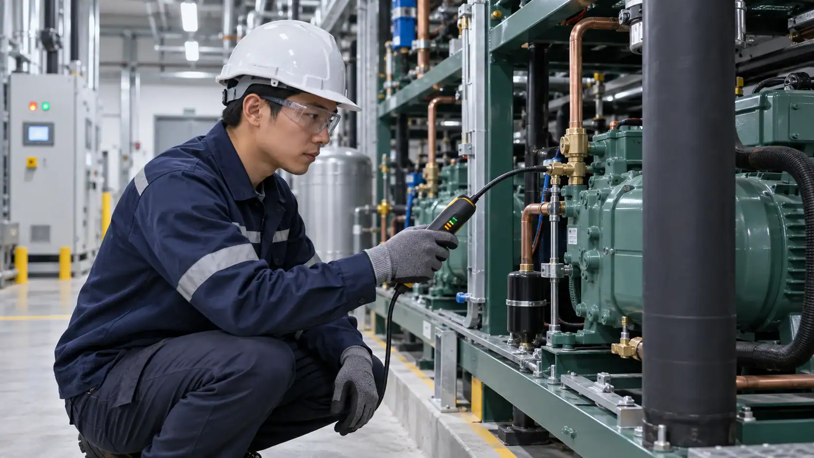 Technician inspecting industrial refrigeration equipment at Domi Refrigeration facility.