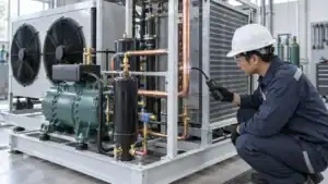 Technician inspecting industrial refrigeration system with gauges and pipes.