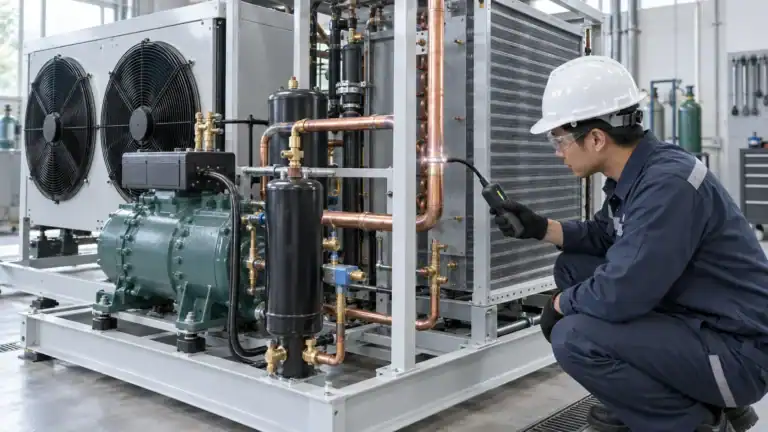 Technician inspecting industrial refrigeration system with gauges and pipes.