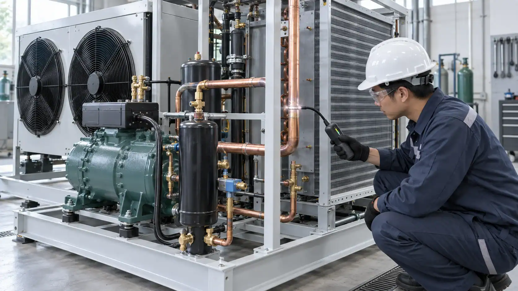 Technician inspecting industrial refrigeration system with gauges and pipes.