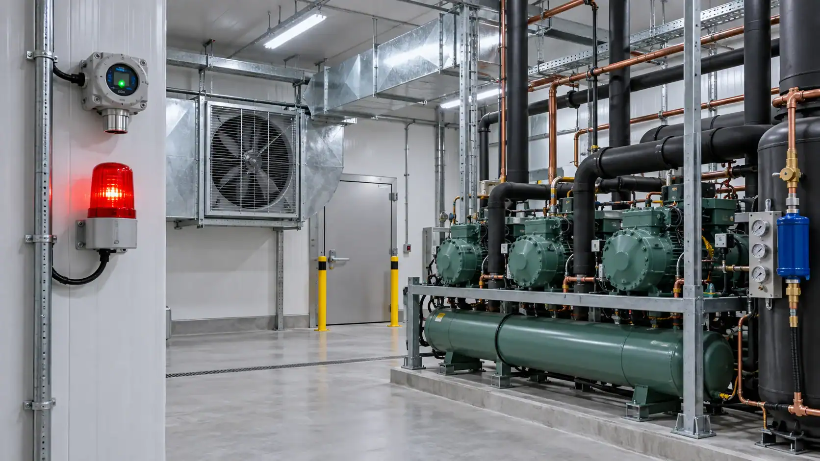 Industrial refrigeration equipment with pipes and compressors in a clean facility.