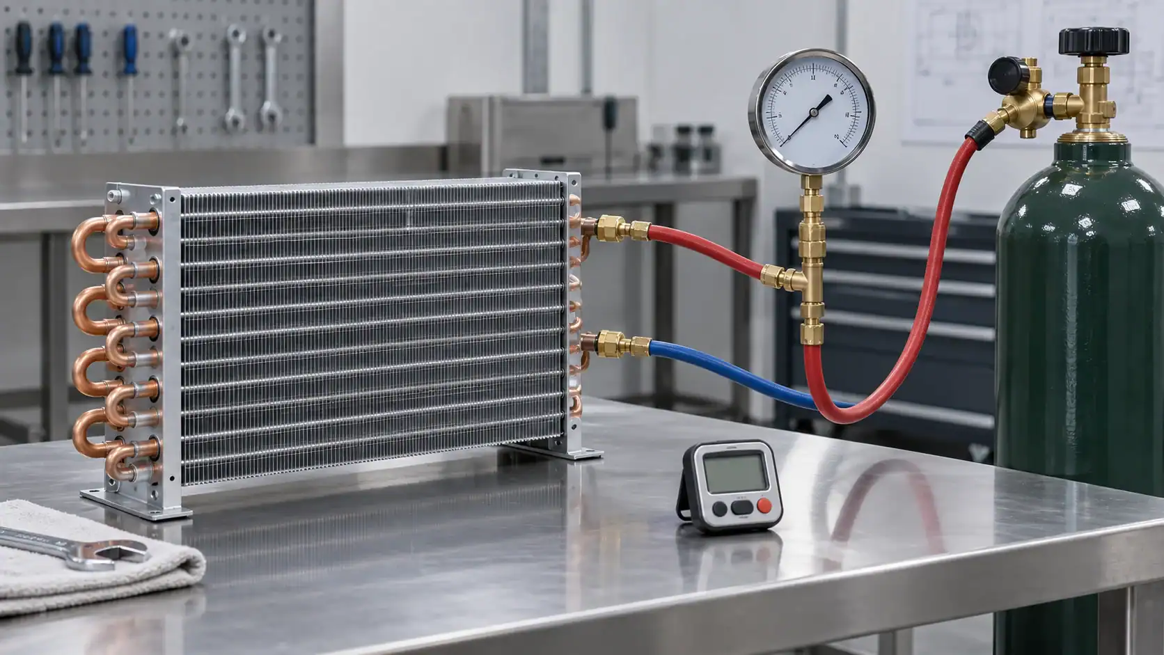 Pressure test bench for a refrigeration coil assembly