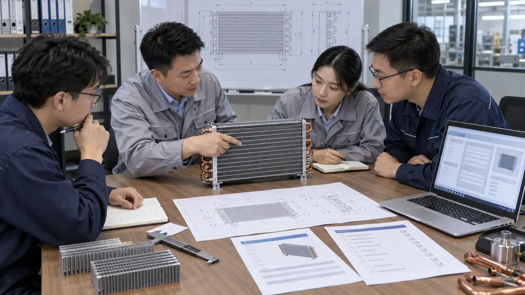 Engineers discussing HVAC system design at Domi Refrigeration office.