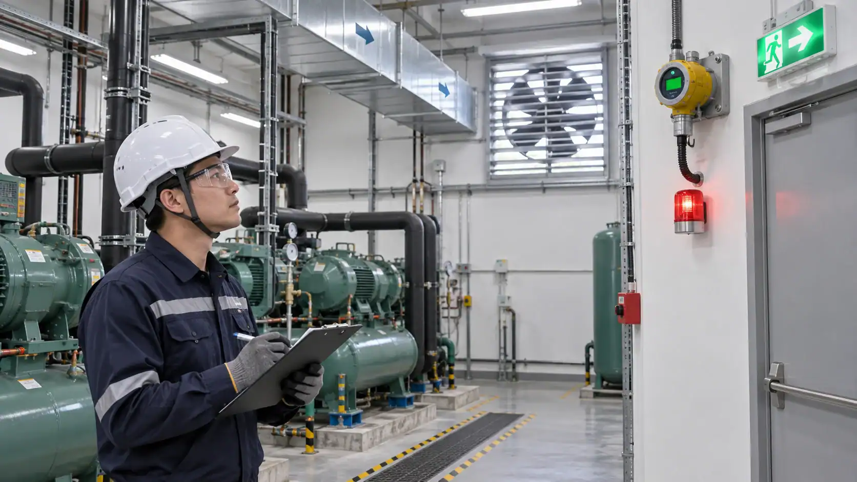 Technician checking a ventilated refrigeration machinery room with PPE