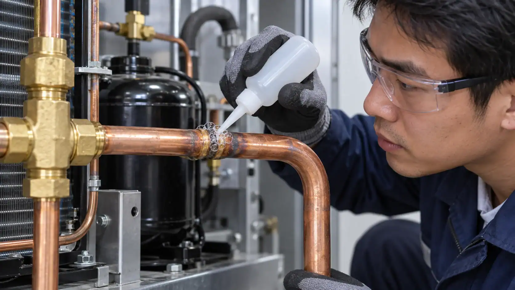 Technician applying bubble solution to a refrigeration tube joint