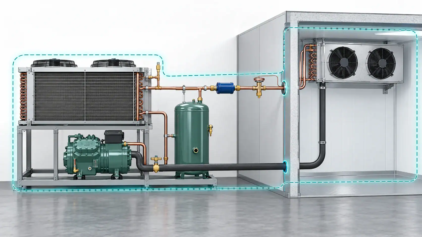 Commercial refrigeration system with condenser, compressor, and cooling unit.