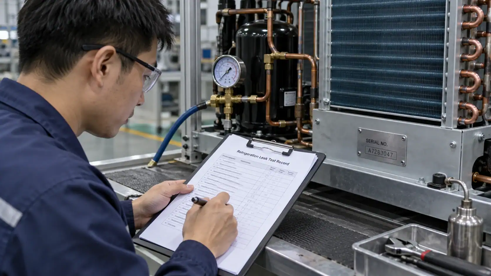 Quality engineer reviewing a refrigeration leak test record beside a coil