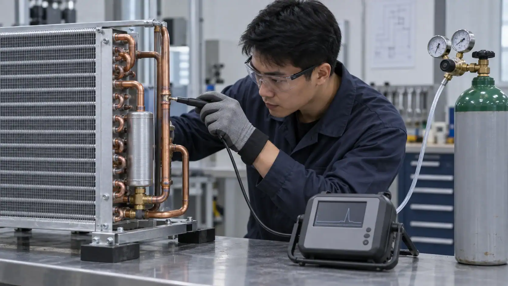 Technician inspecting refrigeration system with gauges and tools in a lab setting.
