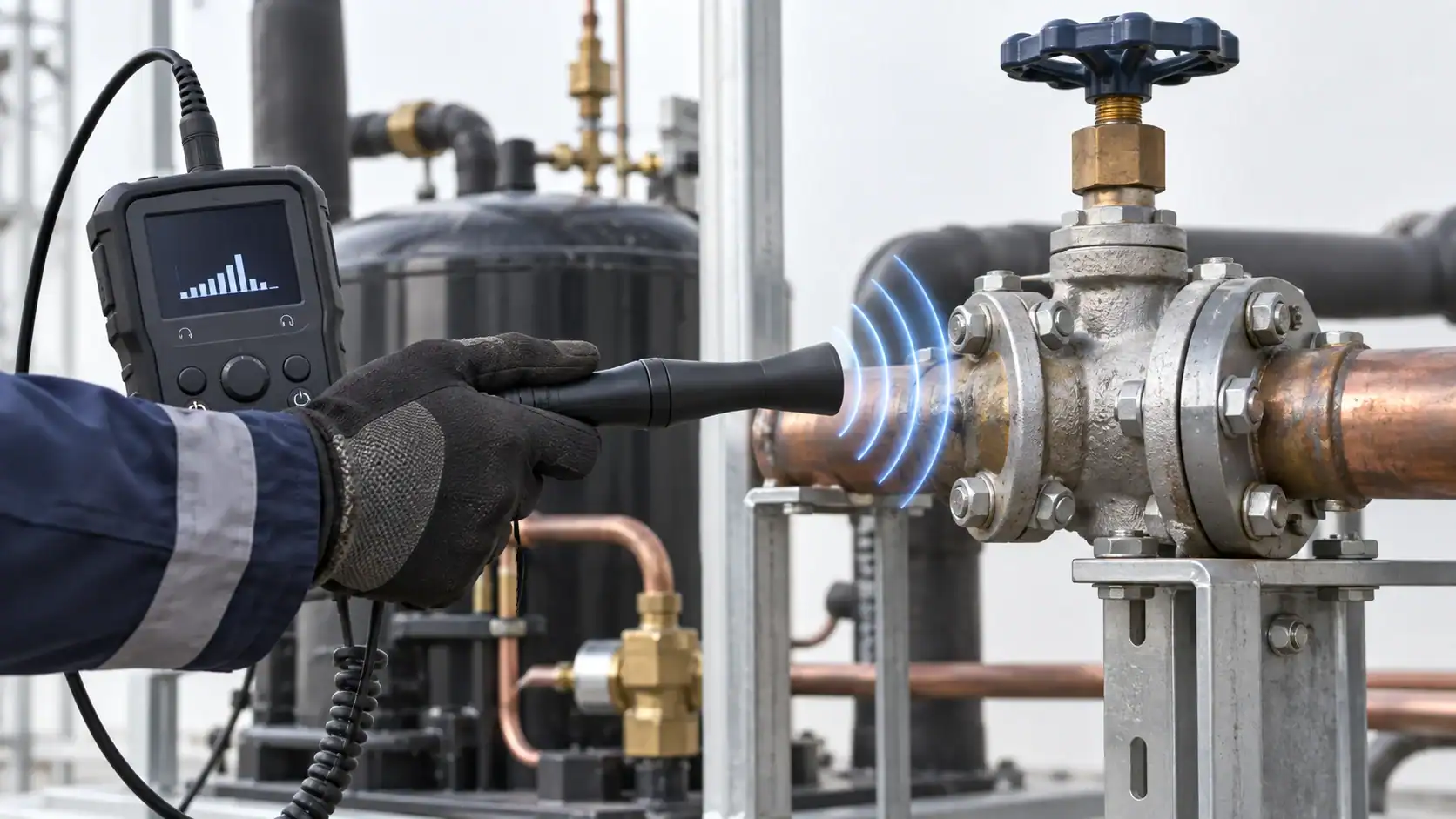 Technician inspecting industrial refrigeration system with electronic device.