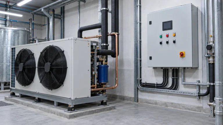 Tableau de commande de réfrigération à côté d'une unité de condensation monobloc avec câblage étiqueté mais illisible, dégagement de service et local technique industriel