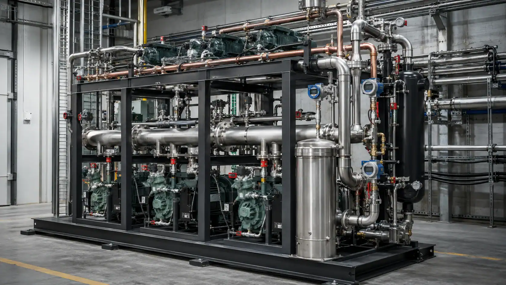 Large industrial refrigeration system with pipes and compressors in a factory setting.