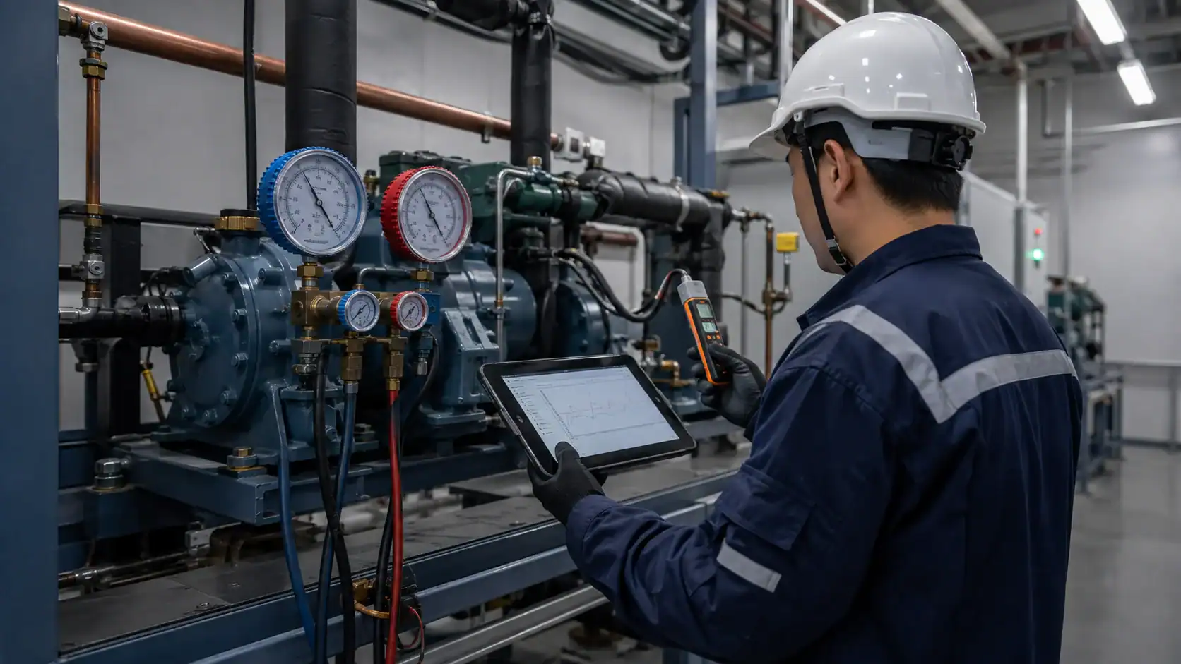 Technician inspecting industrial refrigeration equipment with tablet in facility.