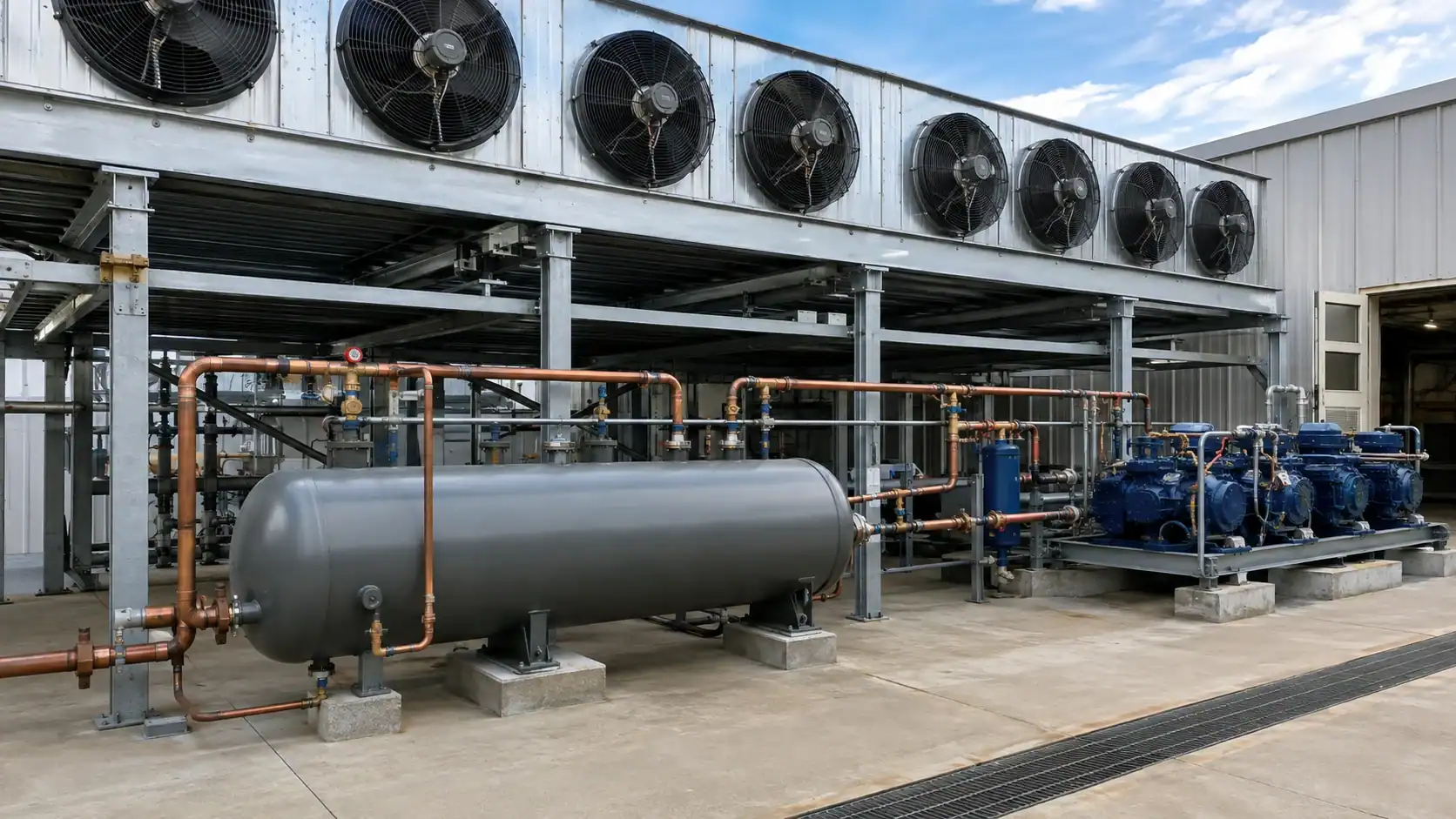 Industrial refrigeration system with fans and cooling units at Domi Refrigeration.