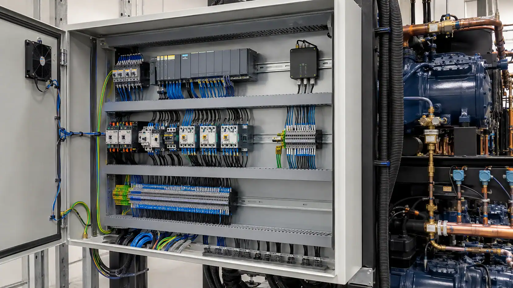 Electrical control panel for commercial refrigeration systems.