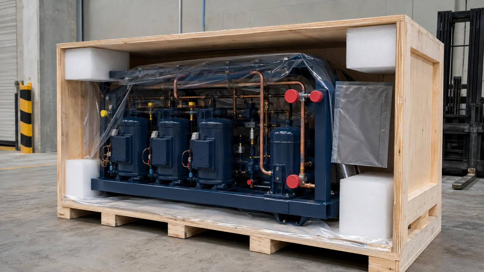 Parallel refrigeration rack protected inside a ventilated wooden export crate with capped fittings