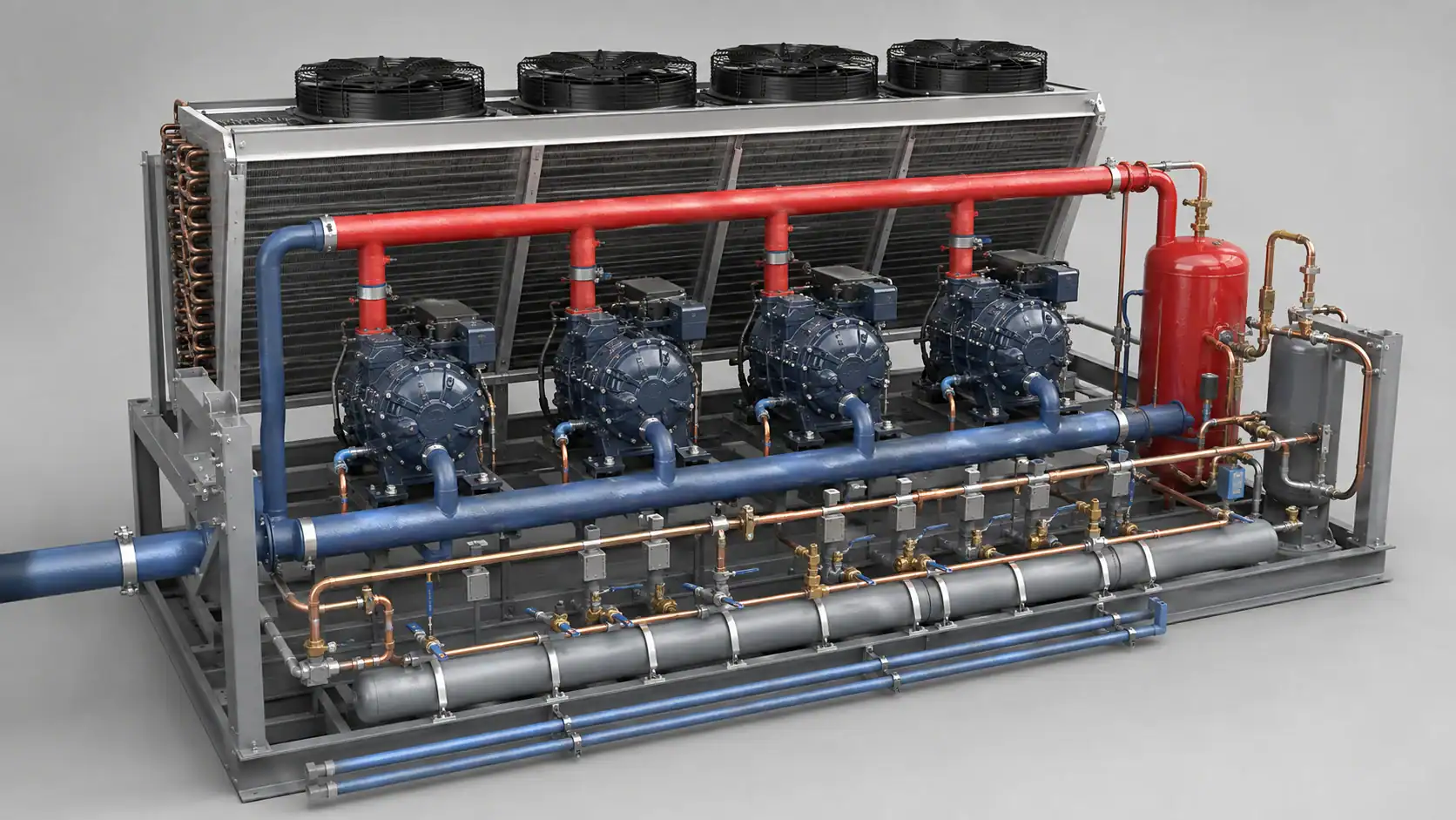 Industrial refrigeration system with compressors, pipes, and cooling units.