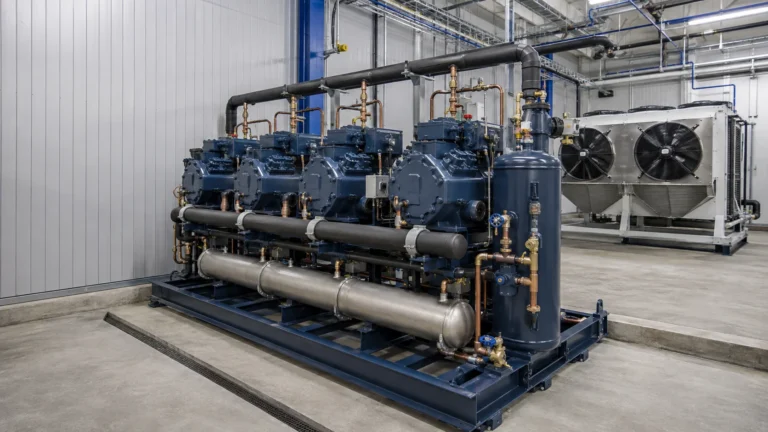 Commercial parallel refrigeration rack skid in a clean cold-storage plant room with compressors, headers and condenser