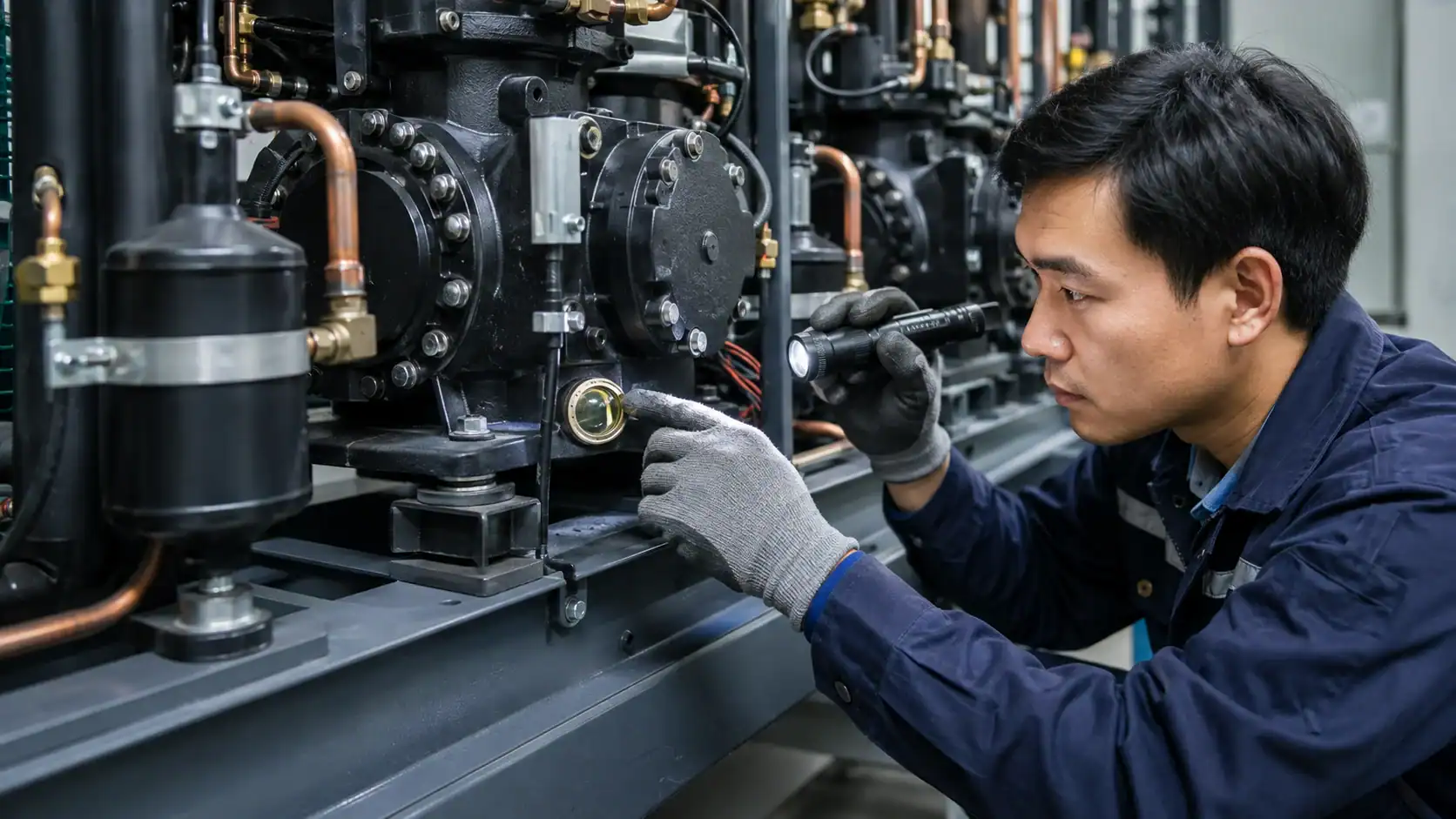 Technician repairing industrial refrigeration system at Domi Refrigeration.