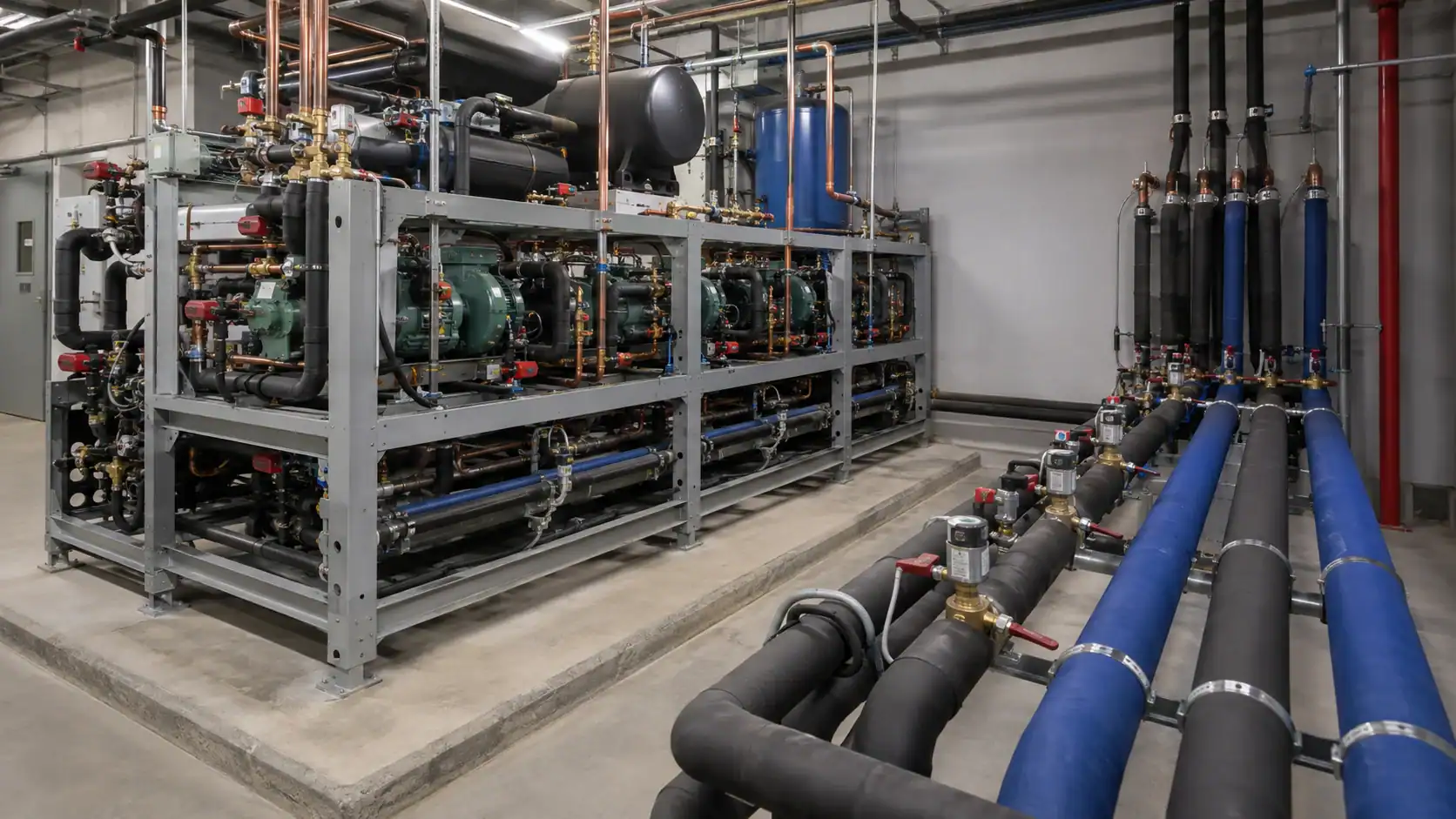 Industrial refrigeration system with pipes and compressors at Domi Refrigeration.