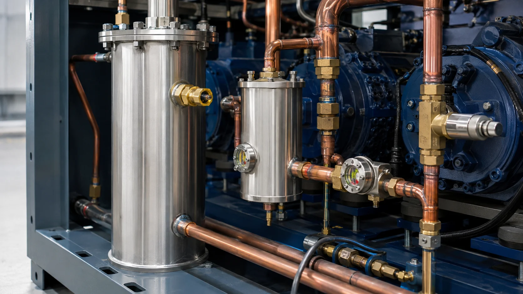 Oil separator, oil reservoir, sight glasses and oil return piping beside parallel compressors