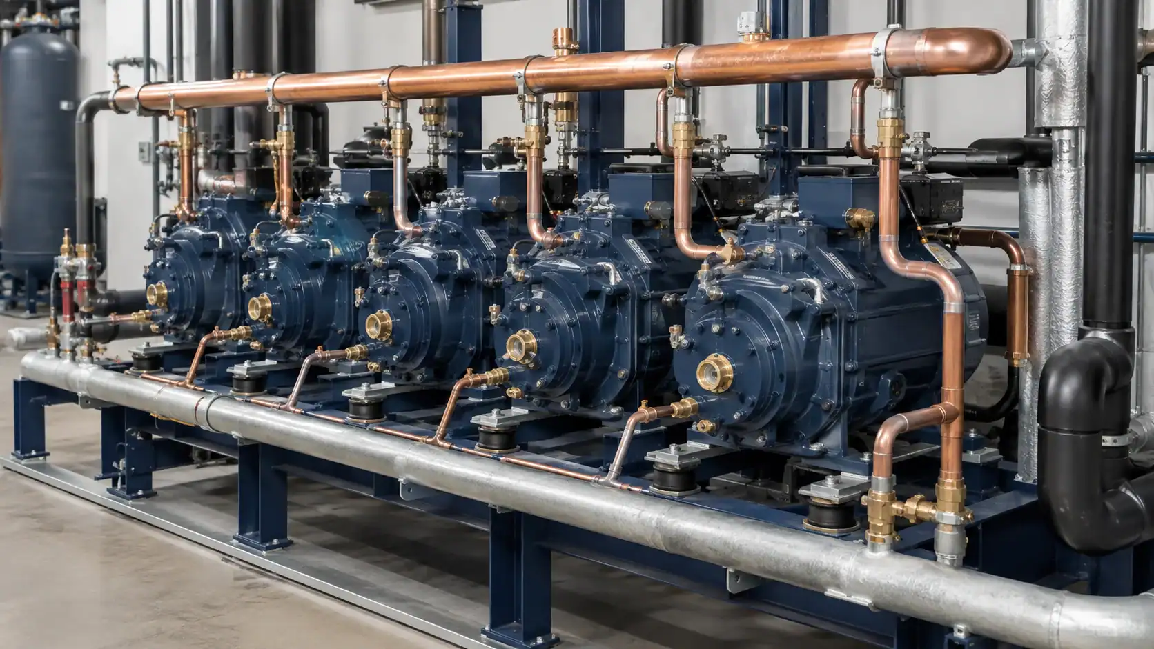 Industrial refrigeration compressors with copper piping and metal framework.
