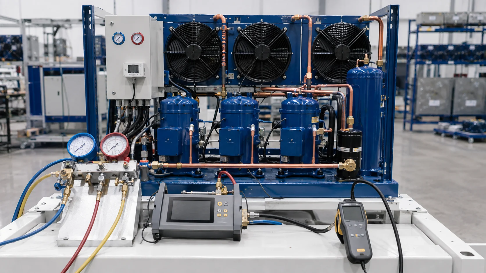OEM factory pressure-decay and leak test of a parallel compressor refrigeration rack