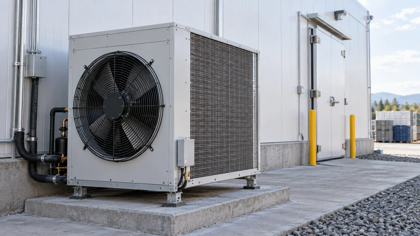 Air-cooled packaged refrigeration unit outdoors beside a cold-room building with axial fan and condenser coil