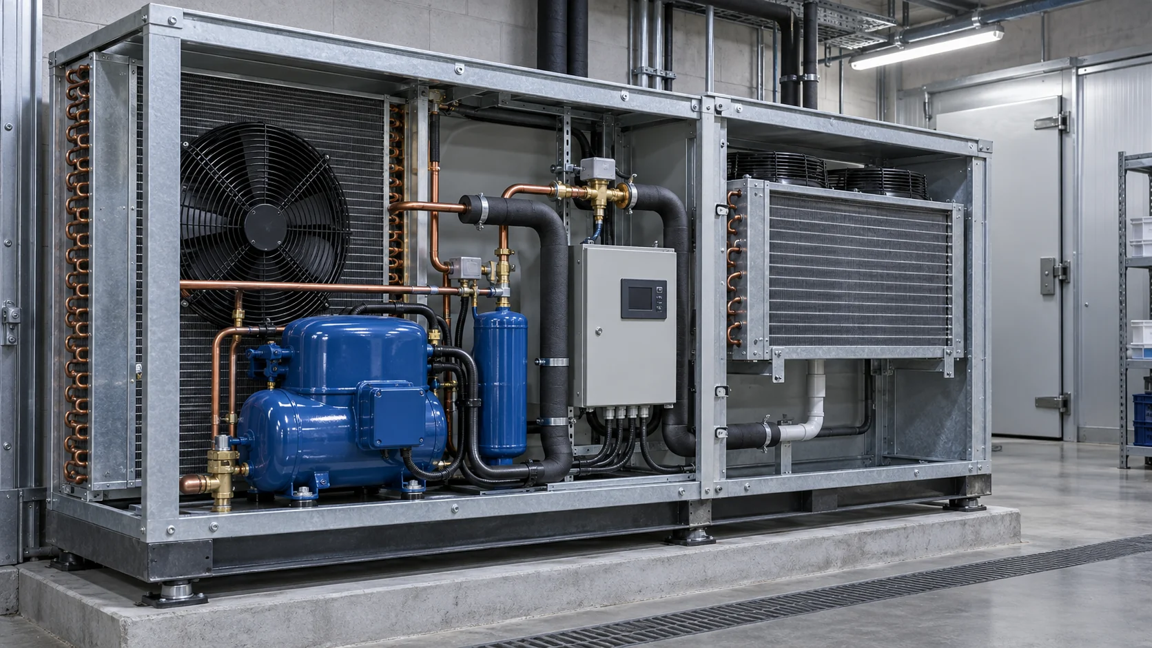 Packaged refrigeration unit architecture showing compressor, condenser, evaporator, expansion device, controls and insulated circuit