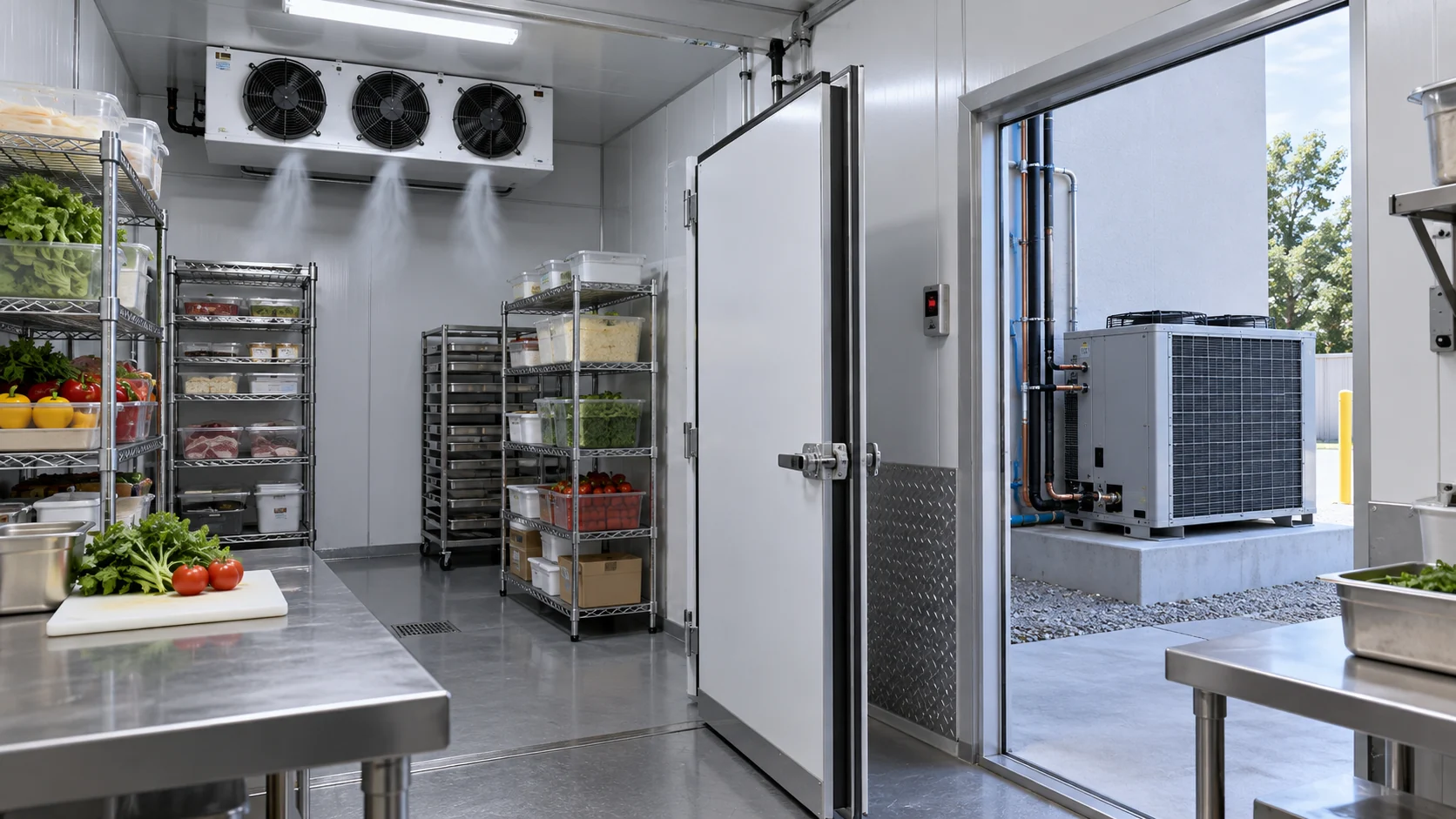 Walk-in cold room and commercial food-service application served by a packaged refrigeration unit